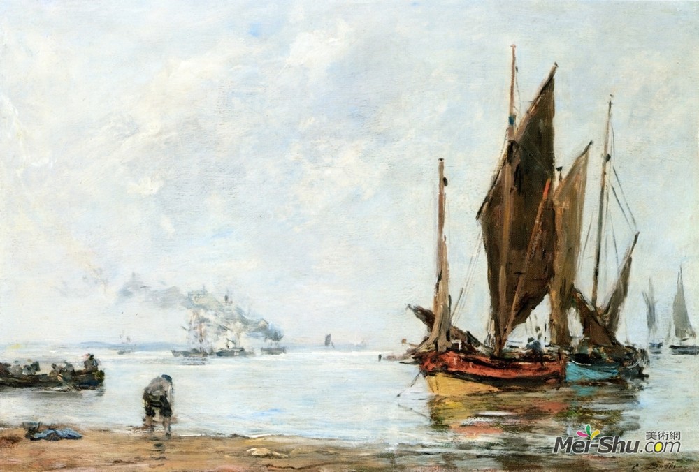 尤金·布丹(Eugene Boudin)高清作品《沿岸边抛锚的小船》
