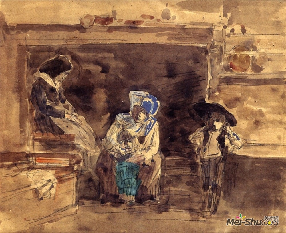 《壁炉旁的布雷顿家族》尤金·布丹(eugene boudin)高清作品欣赏
