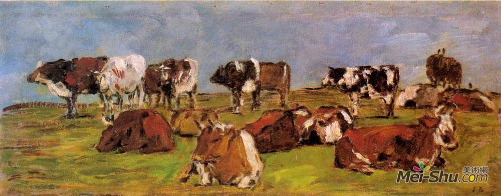 尤金·布丹(Eugene Boudin)高清作品《田野里的母牛》