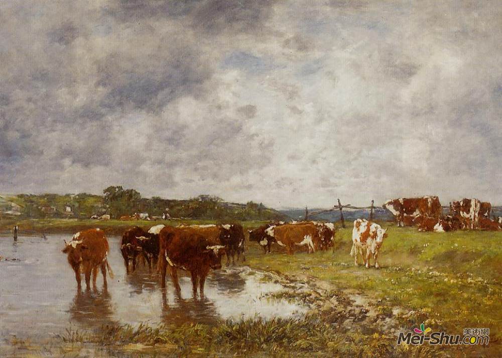 尤金·布丹(Eugene Boudin)高清作品《托克河畔草地上的母牛》