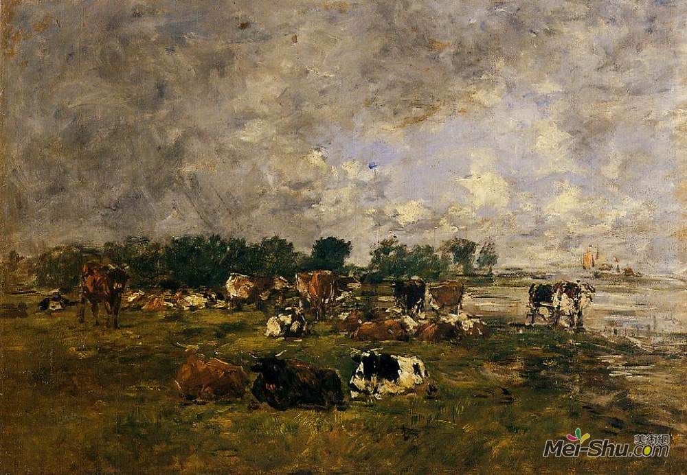尤金·布丹(Eugene Boudin)高清作品《田野里的母牛》