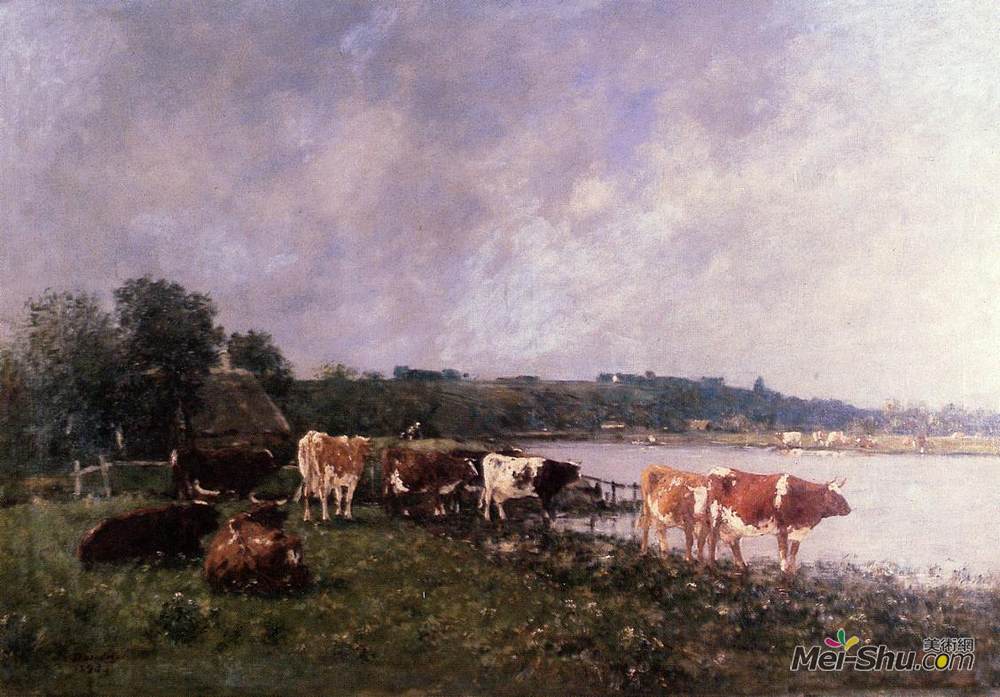 尤金·布丹(Eugene Boudin)高清作品《图克斯河岸上的母牛》