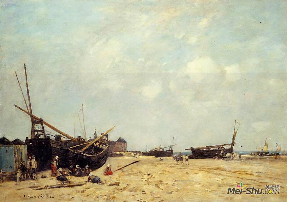 尤金·布丹(Eugene Boudin)高清作品《渔船搁浅和海上》
