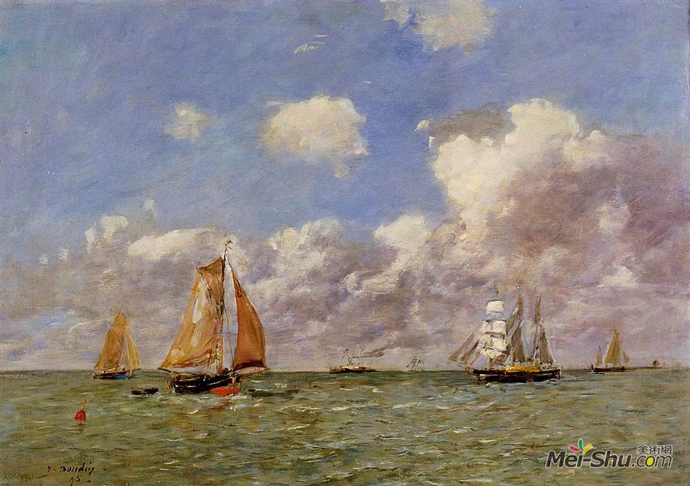 尤金·布丹(Eugene Boudin)高清作品《在海上的渔船》
