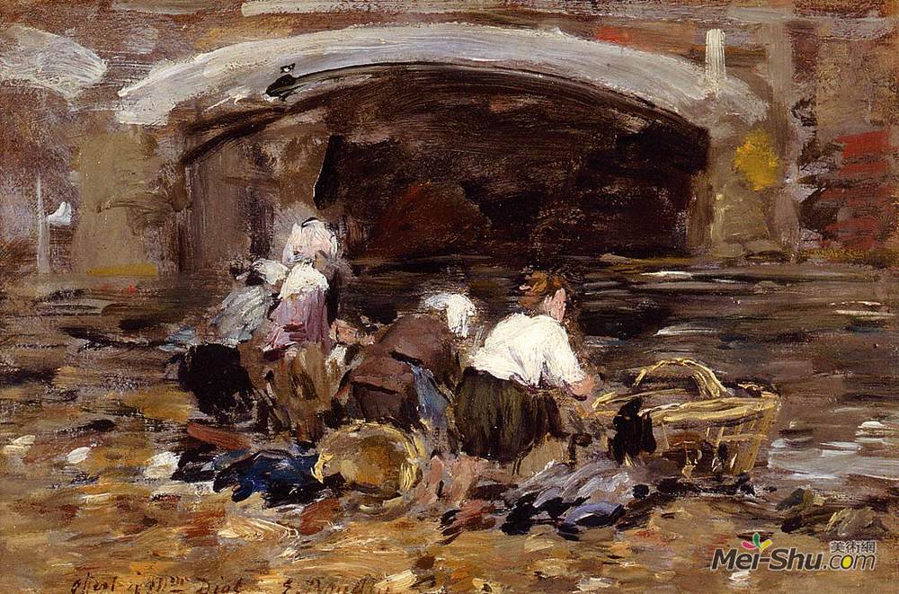 尤金·布丹(Eugene Boudin)高清作品《桥旁的洗衣店》