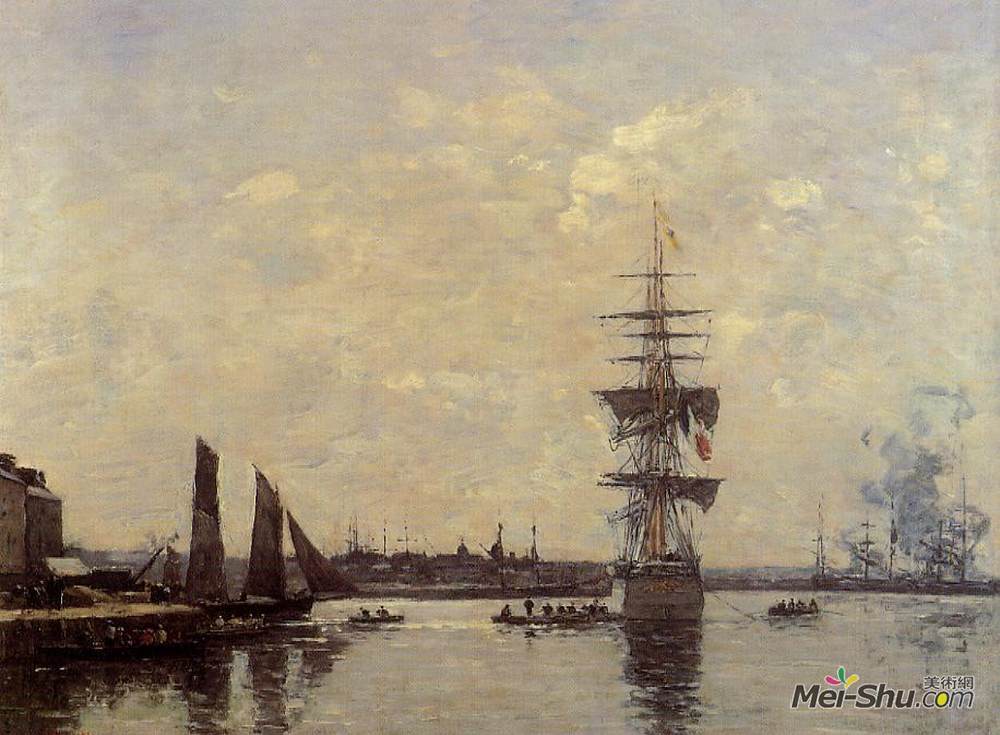尤金·布丹(Eugene Boudin)高清作品《在码头的帆船》
