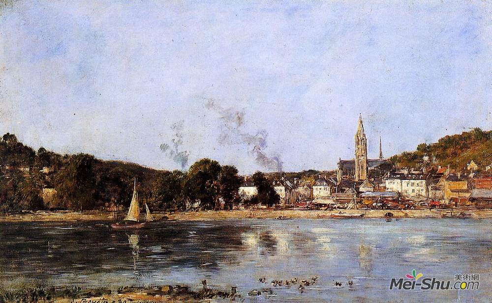 尤金·布丹(Eugene Boudin)高清作品《莱伊莱特的岩石和防御工事》