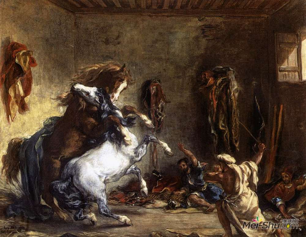 欧仁·德拉克罗瓦(Eugene Delacroix)高清作品《马厩作战的阿拉伯马》