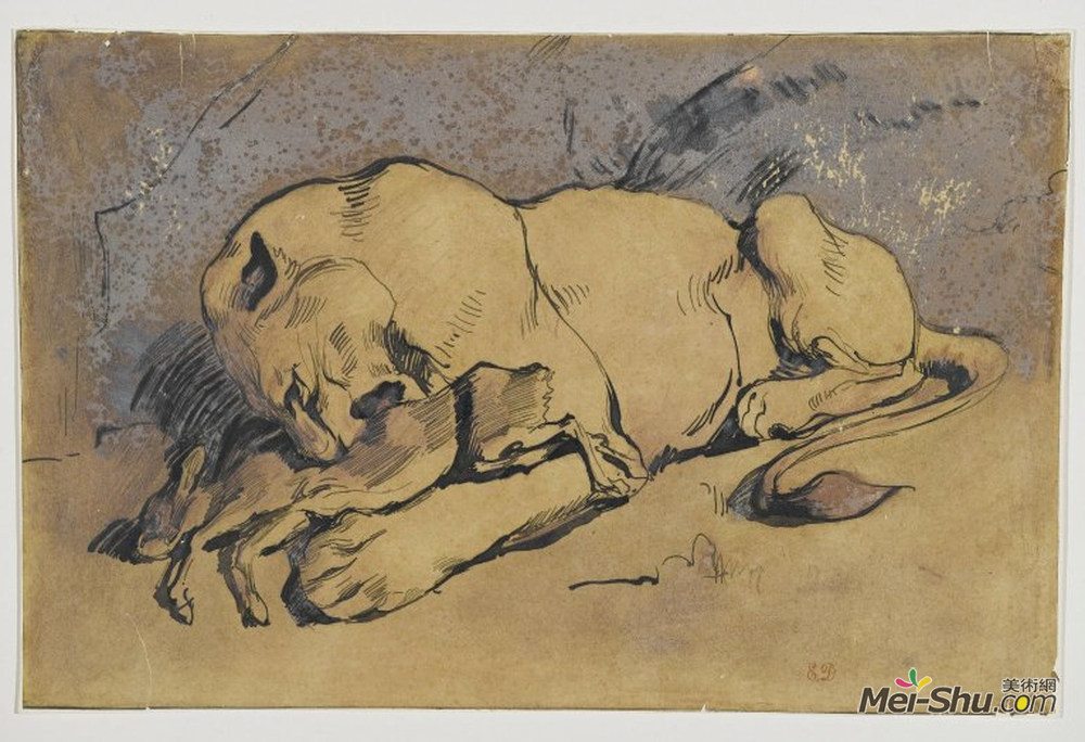 欧仁·德拉克罗瓦(Eugene Delacroix)高清作品《母狮吞食一只兔子》