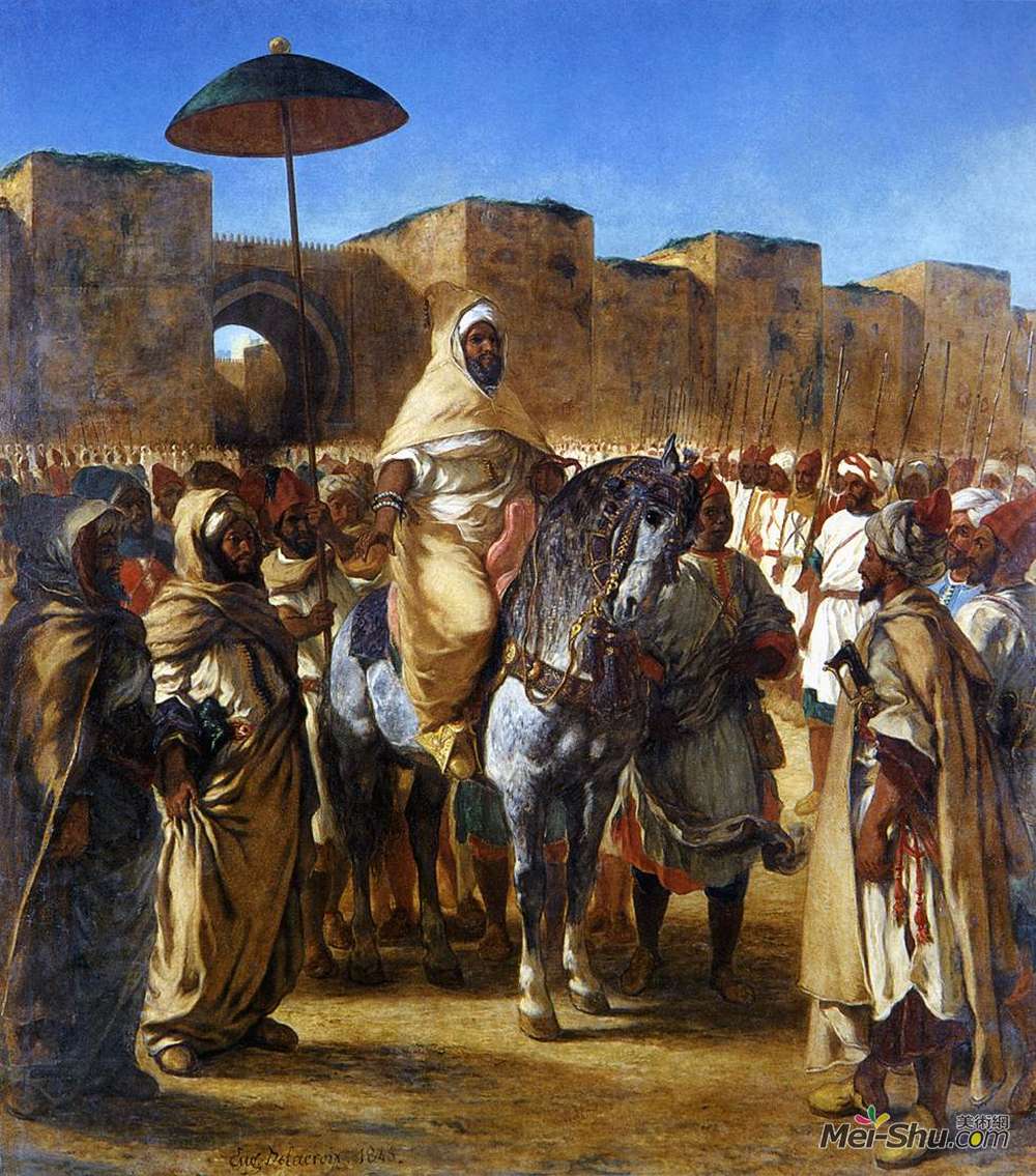 欧仁·德拉克罗瓦(Eugene Delacroix)高清作品《穆里阿卜拉德拉曼，摩洛哥的苏丹，离开他的勃拉》