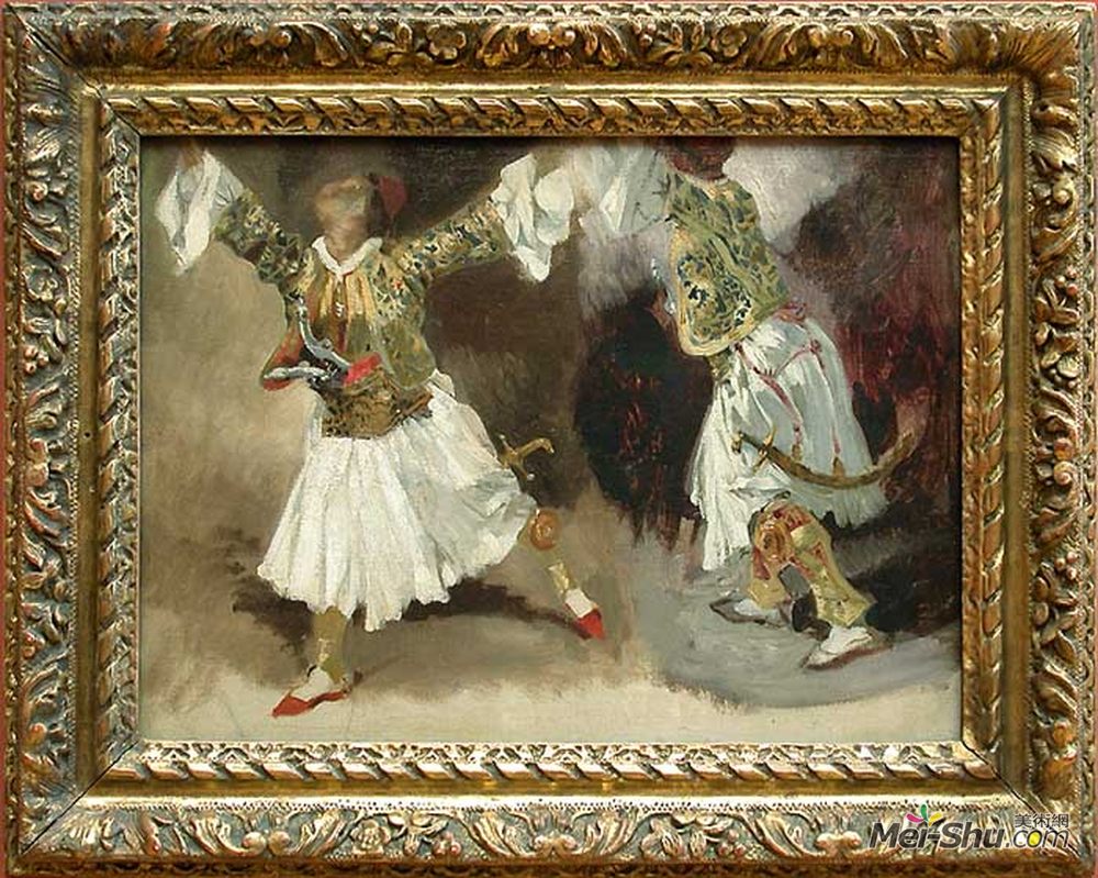 欧仁·德拉克罗瓦(Eugene Delacroix)高清作品《两个希腊战士跳舞（学习服装）》