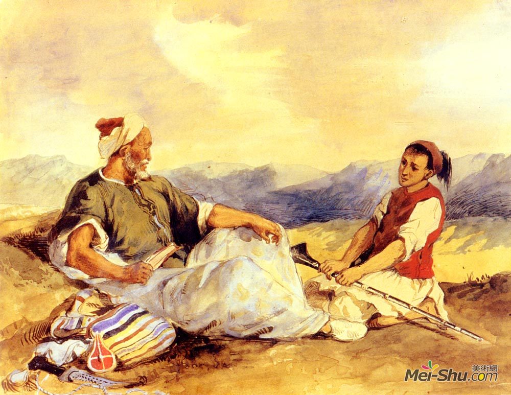 欧仁·德拉克罗瓦(Eugene Delacroix)高清作品《两个摩洛哥人坐在乡下》