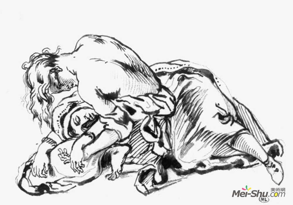 欧仁·德拉克罗瓦(Eugene Delacroix)高清作品《一个女人俯身躺在地上。》
