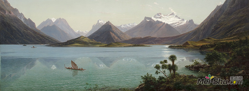 约翰·约瑟夫·尤金·冯·盖拉德(Eugene von Guerard)高清作品《Lake Wakatipu with Mount Earnslaw, Middle Island, New Zealan》