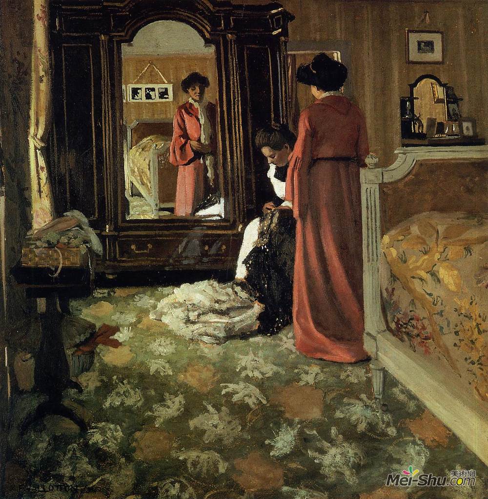 费利克斯·瓦洛顿(Felix Vallotton)高清作品《内部，卧室与两个数字》