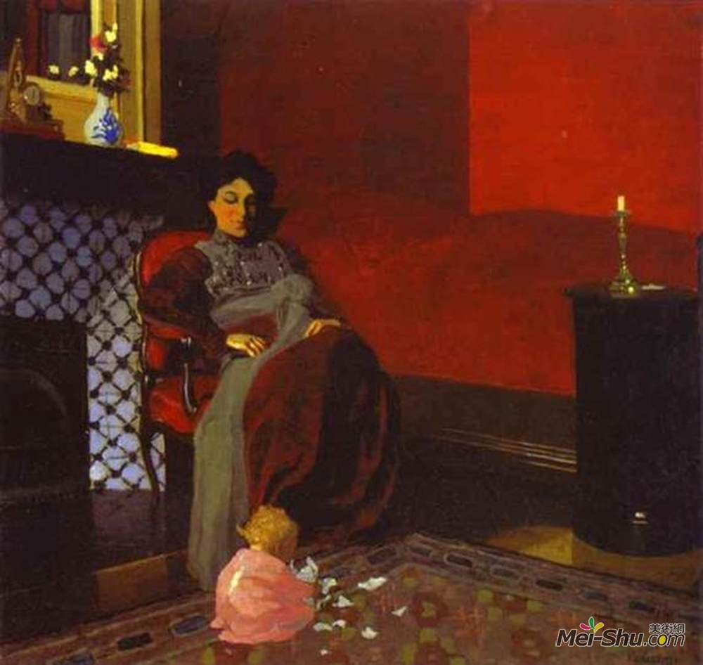 费利克斯·瓦洛顿(Felix Vallotton)高清作品《红楼内的女人和孩子》