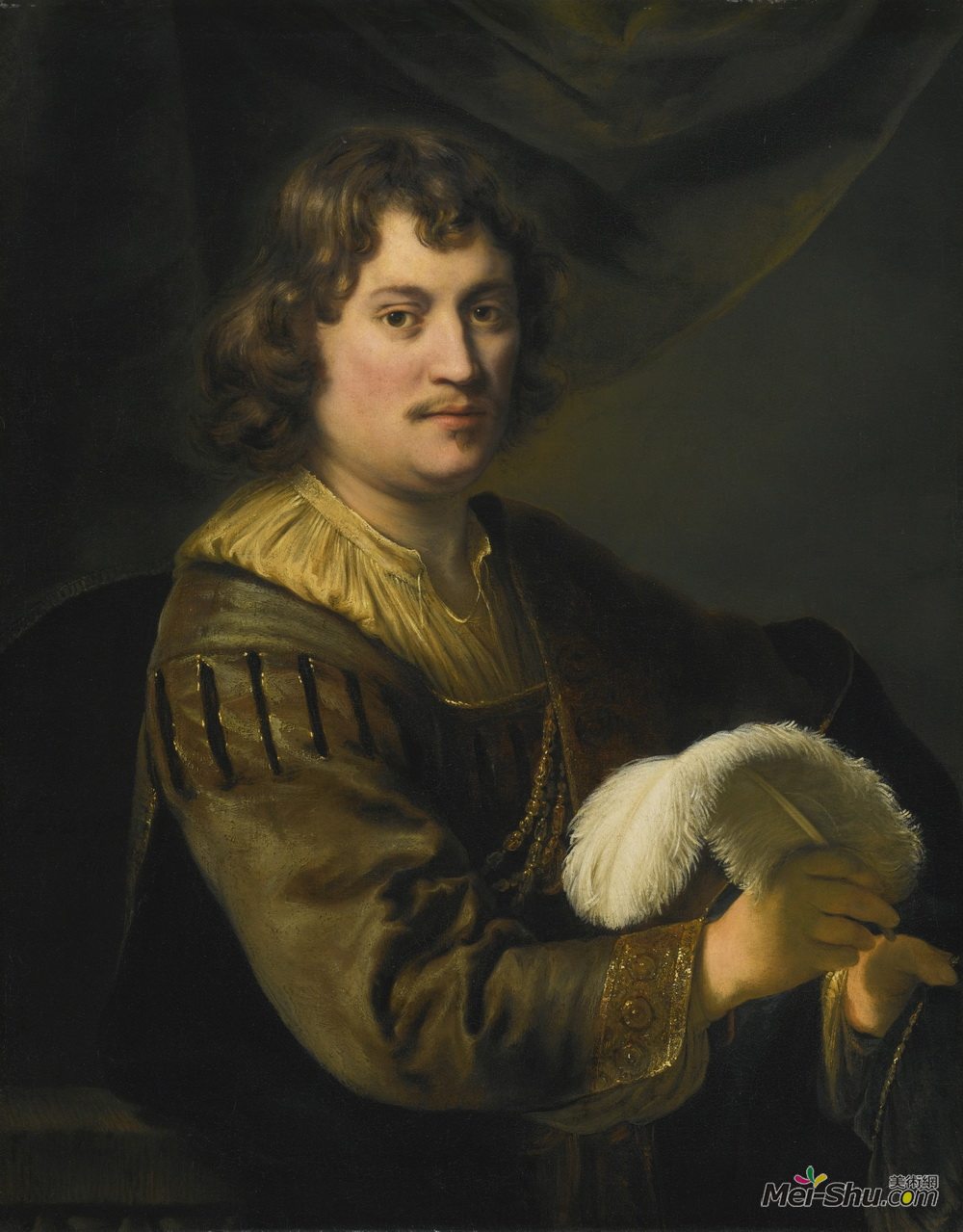 费迪南德·波尔(Ferdinand Bol)高清作品《一个人的肖像，握住一根羽毛》