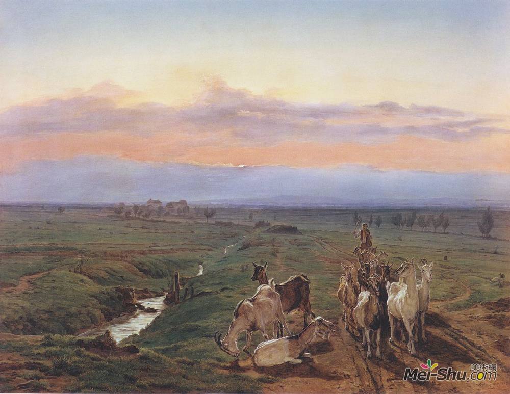 费尔迪南德·乔治·瓦尔特米勒(Ferdinand Georg Waldmüller)高清作品《羊群夜景》