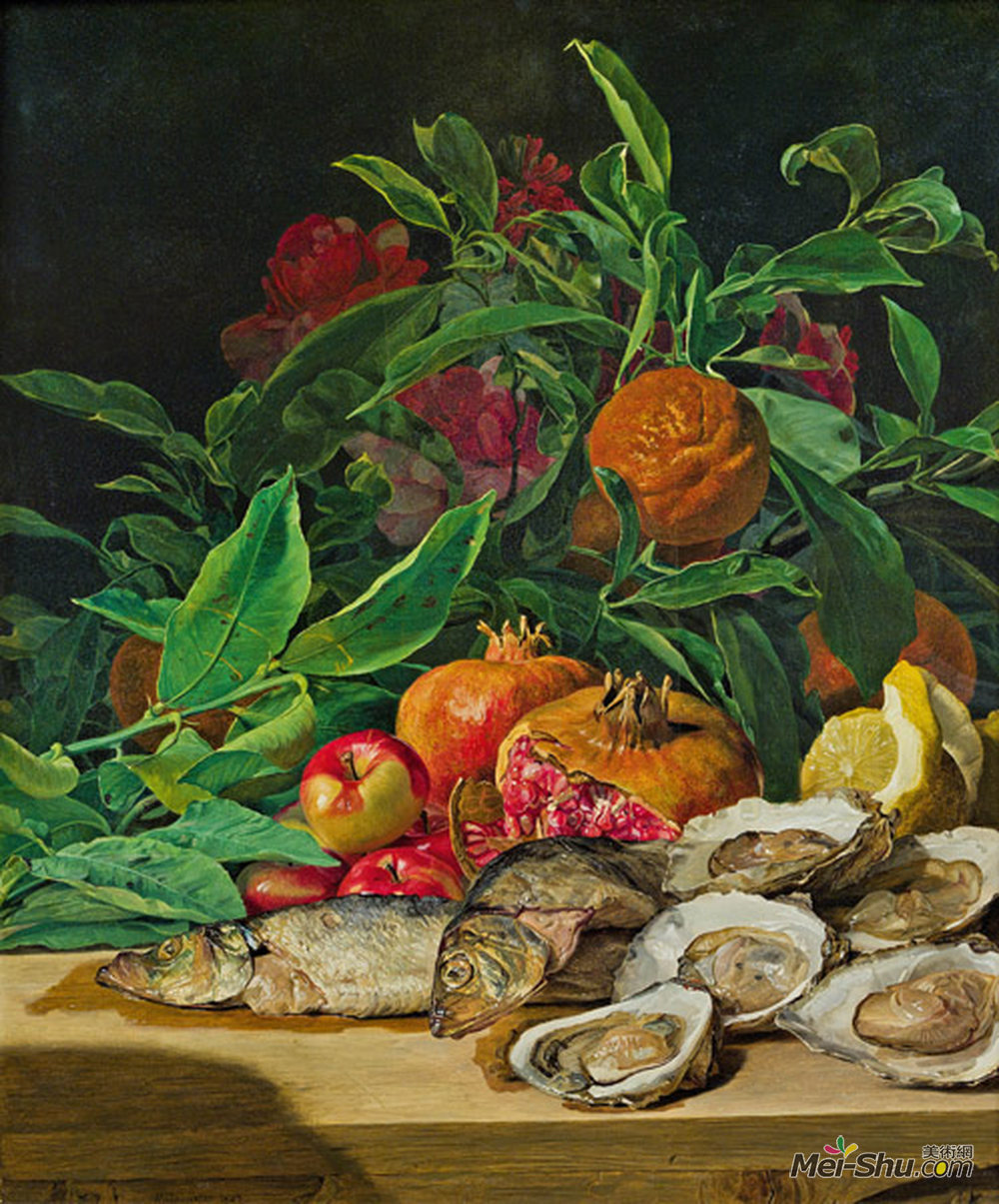 费尔迪南德·乔治·瓦尔特米勒(Ferdinand Georg Waldmüller)高清作品《鸵鸟、鱼和异国水果的静物》