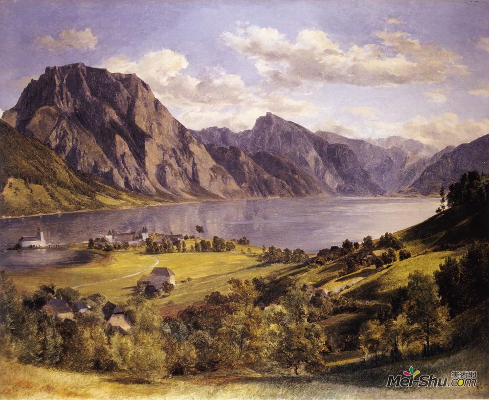 费尔迪南德·乔治·瓦尔特米勒(Ferdinand Georg Waldmüller)高清作品《Traunsee with Orth-castle》