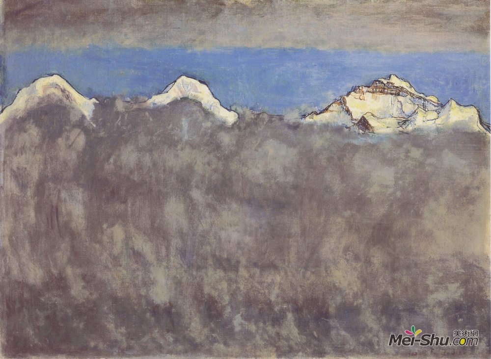 费迪南德·霍德勒(Ferdinand Hodler)高清作品《月光下的艾格峰，蒙奇和少女峰》