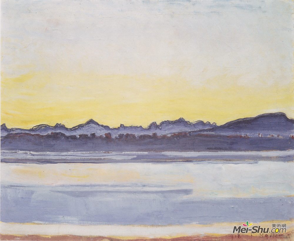费迪南德·霍德勒(Ferdinand Hodler)高清作品《黎明前的日内瓦湖与勃朗峰》