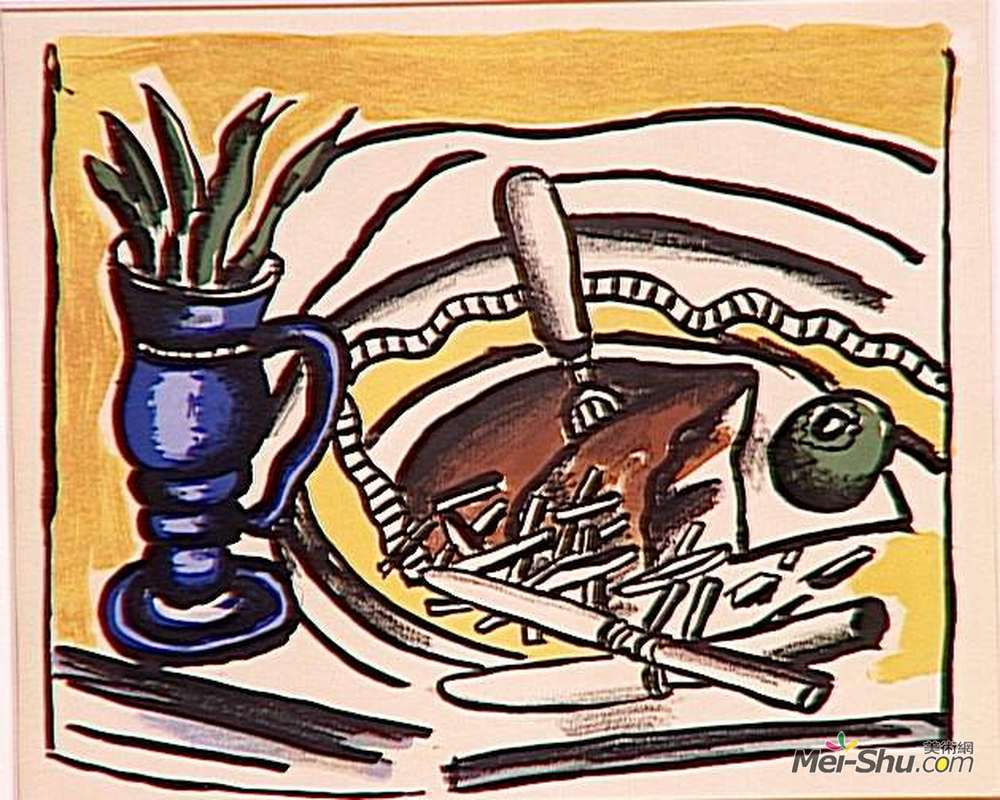 费尔南德·莱热(Fernand Leger)高清作品《蓝色花瓶的静物（牛肉）》