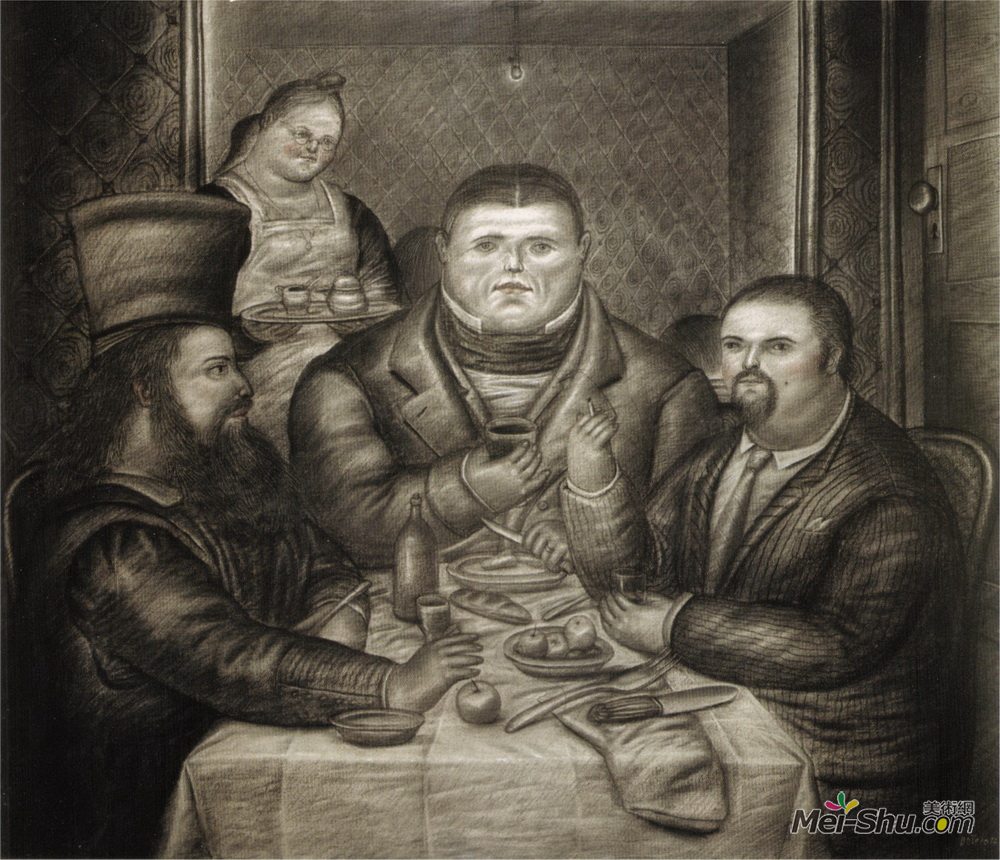 费尔南多·博特罗(Fernando Botero)高清作品《Dinner with Ingres and Piero della Francesca》