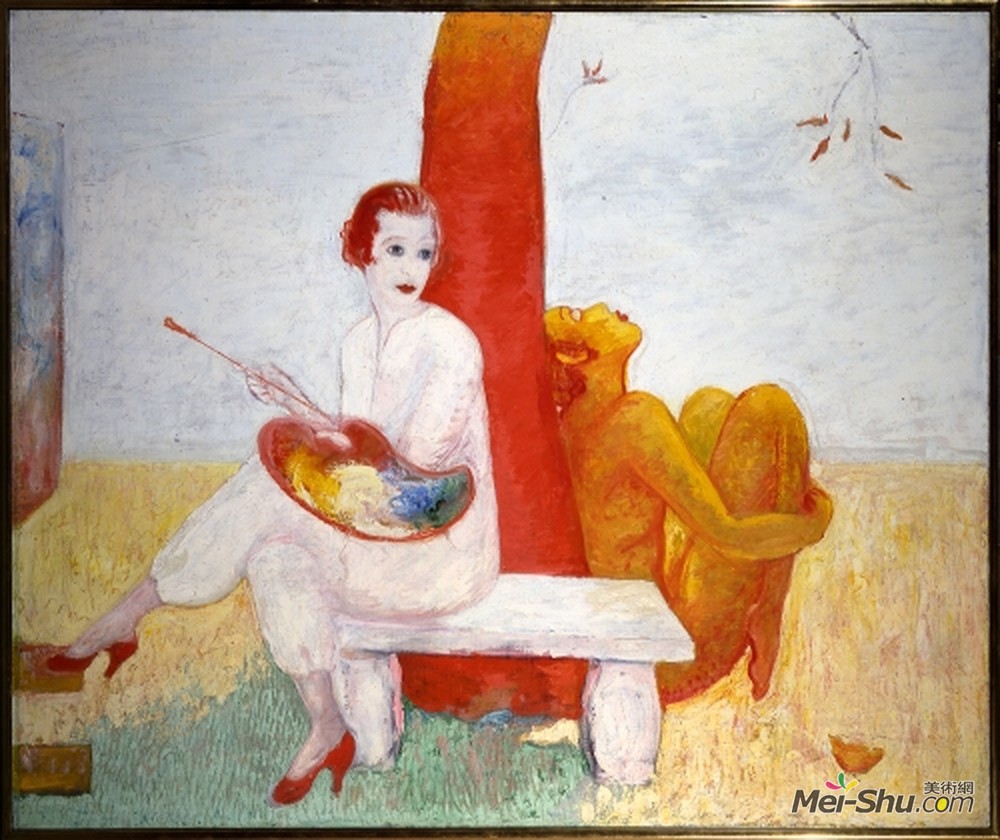 弗洛琳·史提海莫(Florine Stettheimer)高清作品《带调色板的自画像（画家和法翁）》