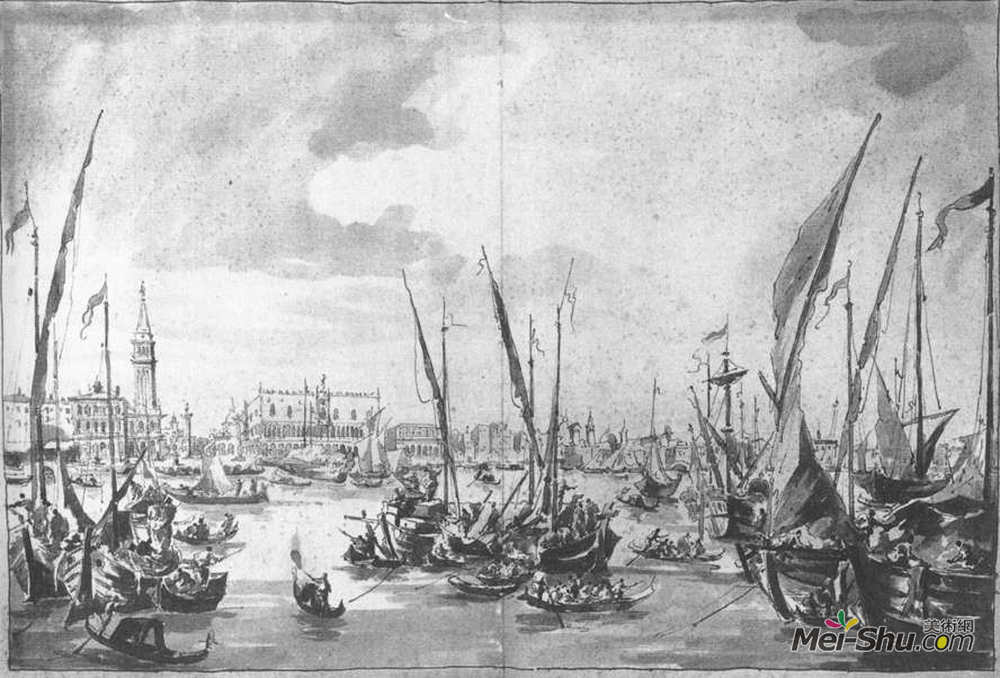 弗朗西斯科·格拉蒂(Francesco Guardi)高清作品《The Molo and the Riva degli Schiavoni from the Bacino di San》