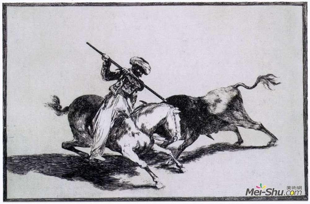 弗朗西斯科·戈雅(Francisco Goya)高清作品《莫里斯科嘎鲁是第一个用长矛与公牛搏斗的人。》