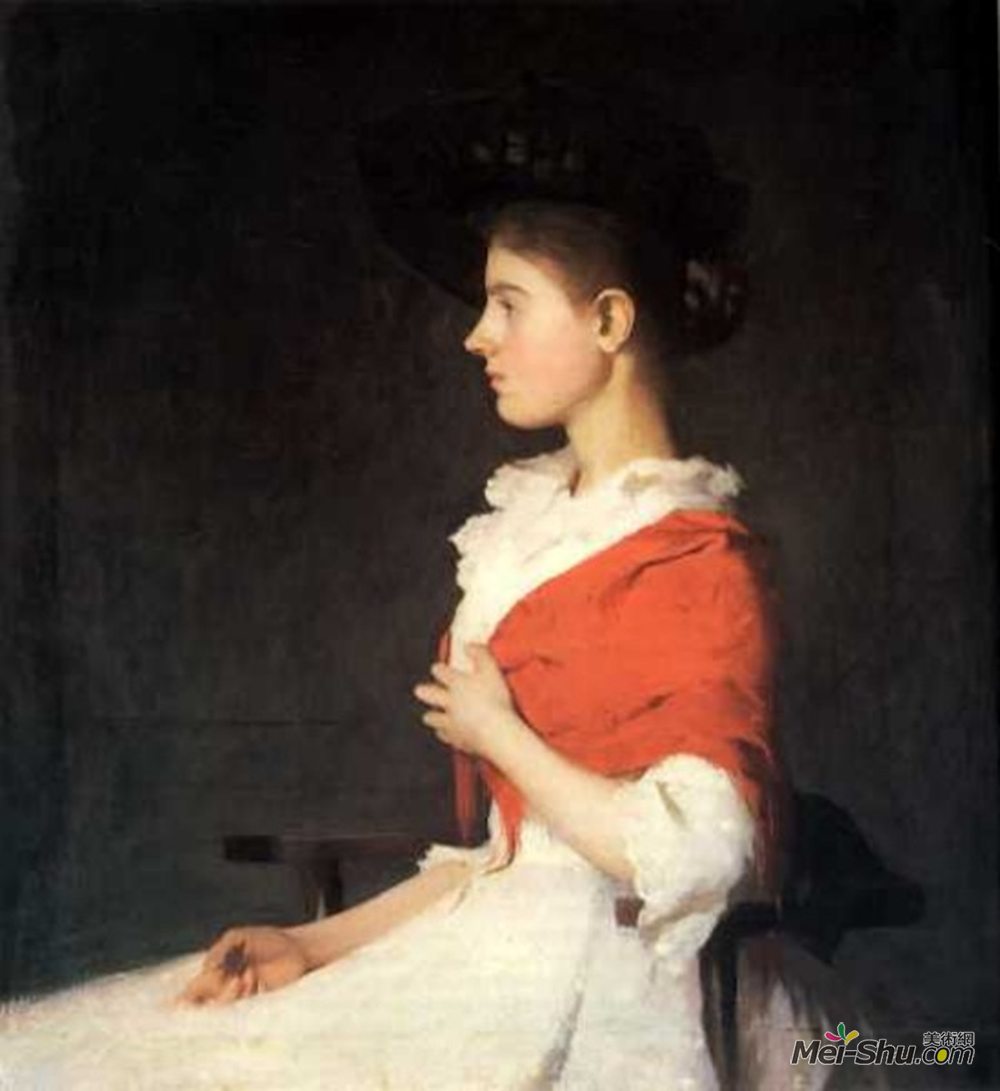 弗兰克 W · 本森(Frank W. Benson)高清作品《1890年，红色披肩（油）的女孩，弗兰克韦斯顿本森》