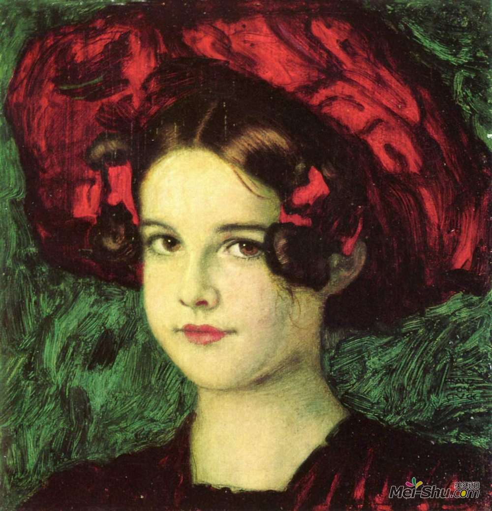 《戴着红帽子的玛丽》弗朗兹·斯托克(franz stuck)高清作品欣赏