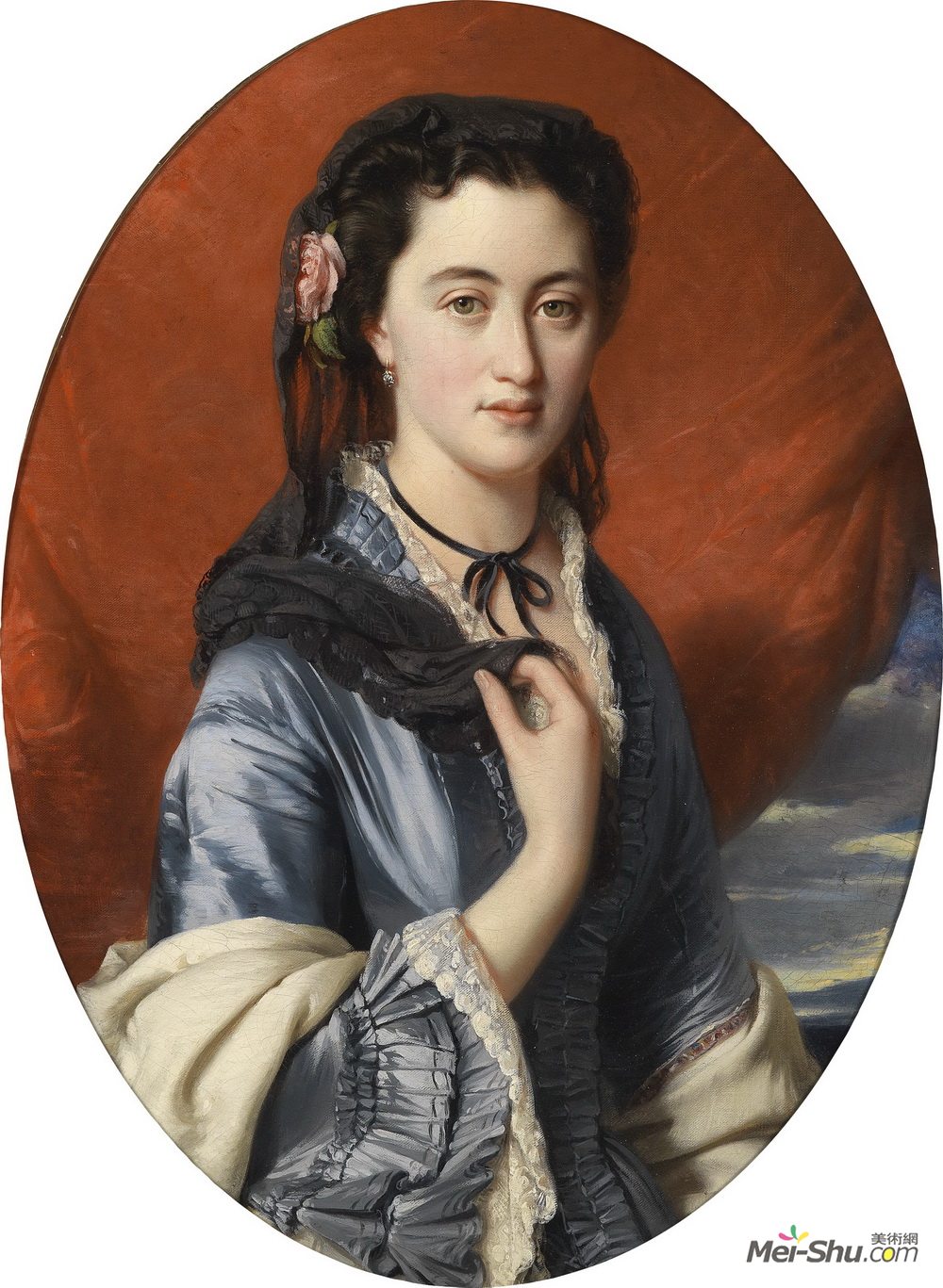 弗兰兹-温特豪德(Franz Xaver Winterhalter)高清作品《一位女士的画象有玫瑰的在她的头发，（伯爵夫人普希金》