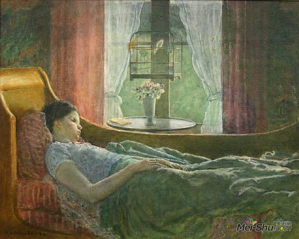 弗雷德里克·卡尔·弗里塞克(Frederick Carl Frieseke)高清作品《沙发上的女孩（也称为床上女孩）》