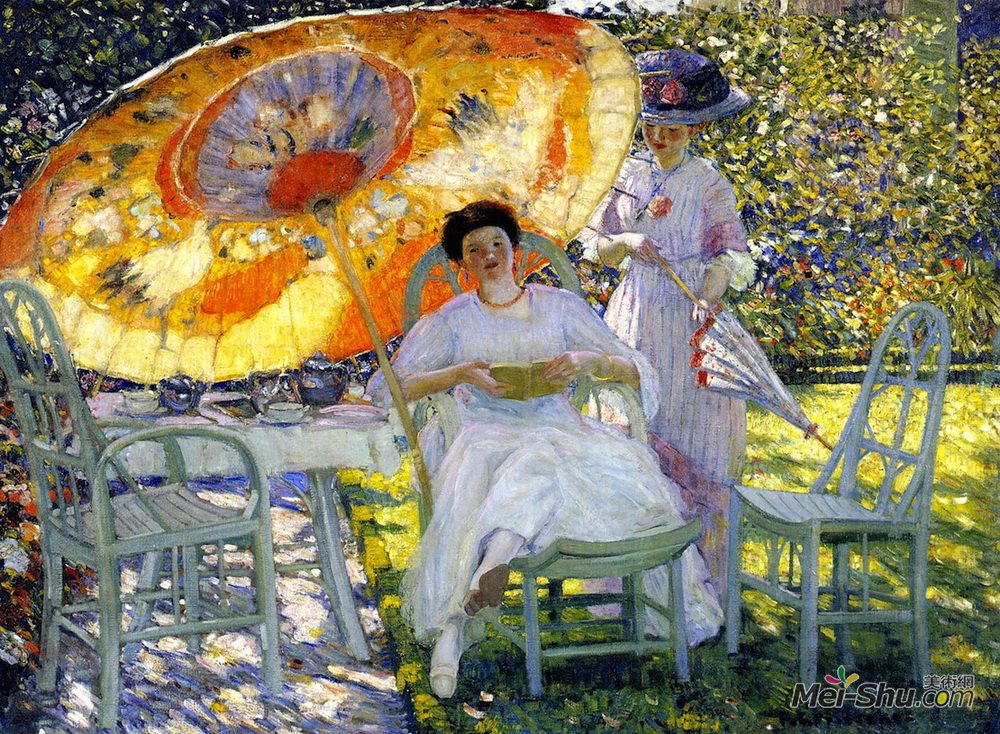 弗雷德里克·卡尔·弗里塞克(Frederick Carl Frieseke)高清作品《花园阳伞》