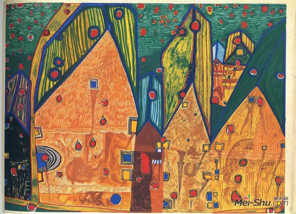 佛登斯列·汉德瓦萨(Friedensreich Hundertwasser)高清作品《血雨中的房子》
