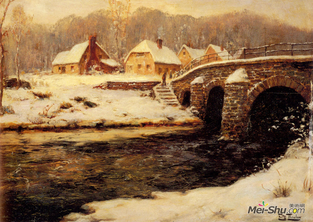 弗里茨·索尔洛(Frits Thaulow)高清作品《冬天过河上的石桥》