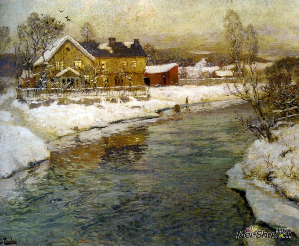 弗里茨·索尔洛(Frits Thaulow)高清作品《雪中运河的小屋》