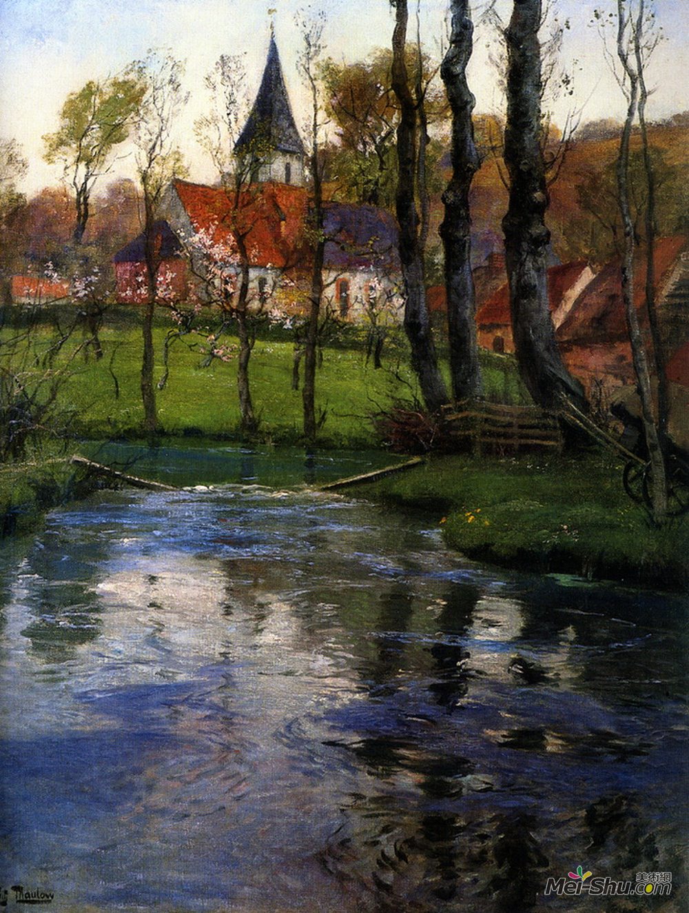 弗里茨·索尔洛(Frits Thaulow)高清作品《河边的老教堂》