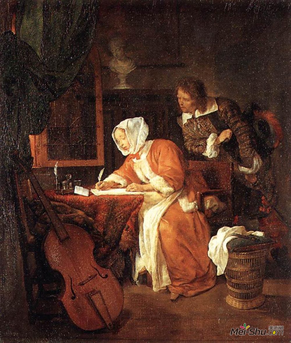 哈布里尔·梅曲(Gabriel Metsu)高清作品《写信的人感到惊讶》