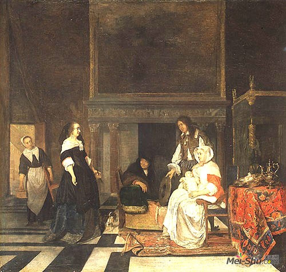 哈布里尔·梅曲(Gabriel Metsu)高清作品《Visit to the Nursery, after the Birth of Sara Hinlopen》