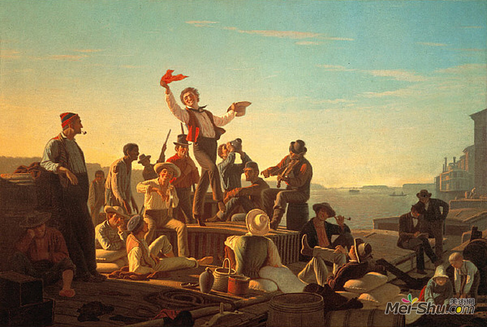 乔治·迦勒宾·宾汉姆(George Caleb Bingham)高清作品《Jolly Flatboatmen in Port》