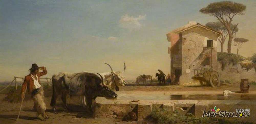 乔治·海明梅森(George Hemming Mason)高清作品《Cattle at a Drinking Place in the Campagna, Rome》