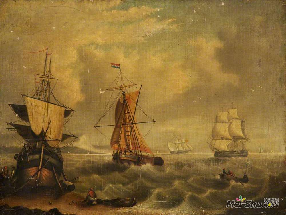 乔治·默兰德(George Morland)高清作品《雅茅斯岛上的法国和法国渔船》