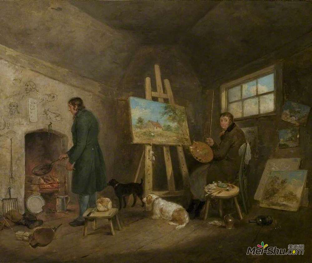 乔治·默兰德(George Morland)高清作品《他工作室的艺术家和他的人吉布斯》