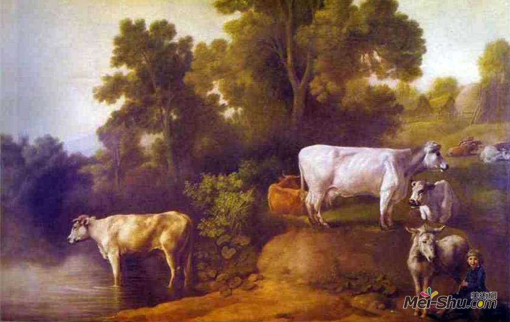 乔治·斯塔布斯(George Stubbs)高清作品《牛靠溪流》