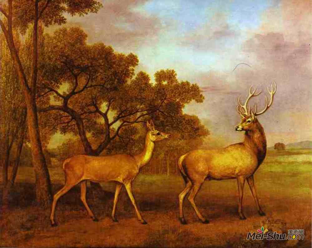 《红鹿雄鹿和后背》乔治·斯塔布斯(george stubbs)高清作品欣赏