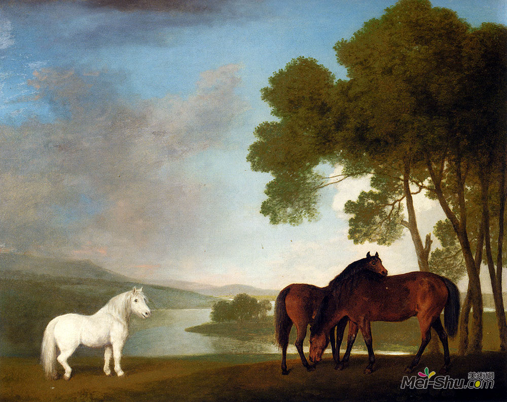 乔治·斯塔布斯(George Stubbs)高清作品《两匹海湾母马和一匹灰色小马》