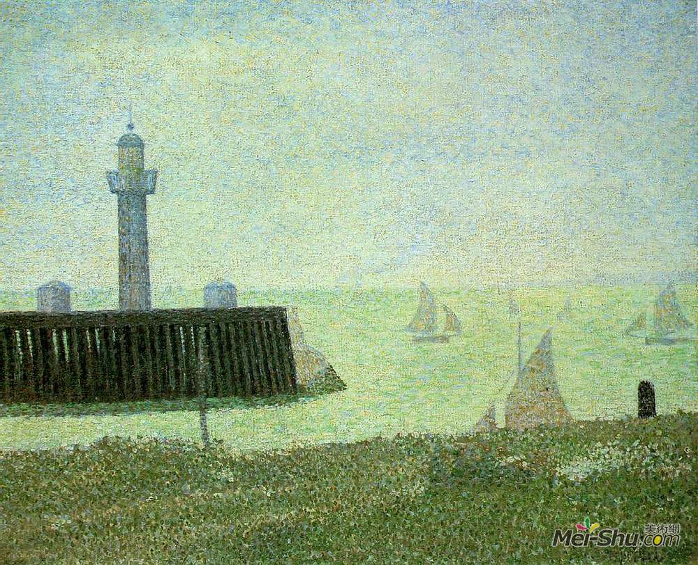 乔治·修拉(Georges Seurat)高清作品《码头尽头，翁弗勒尔》